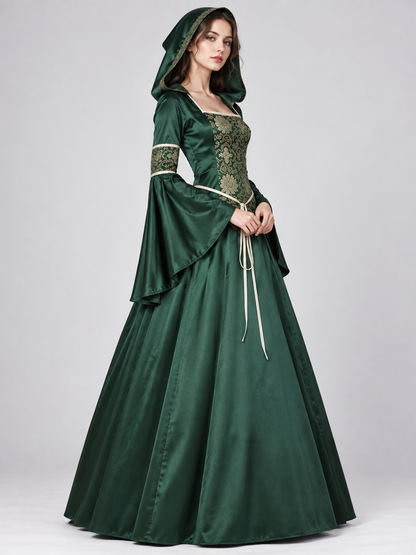 Green Gothic-Style Dress with Hood and Lacing