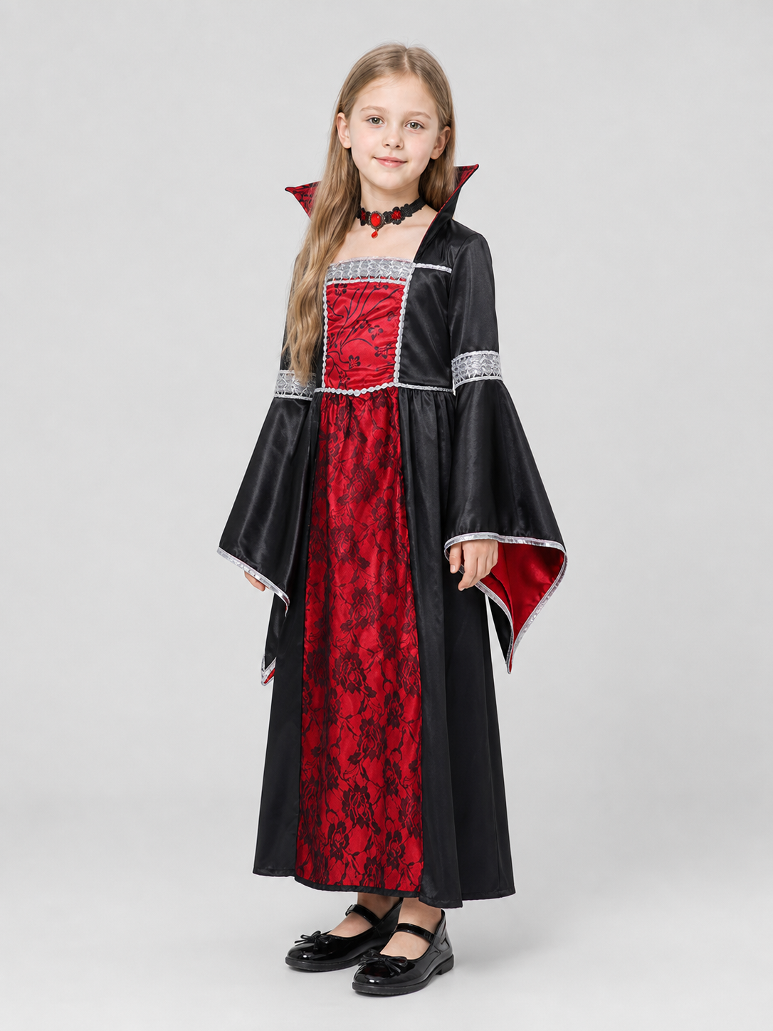 Children's Witch Vampire Costume, Red and Black with Silver side view