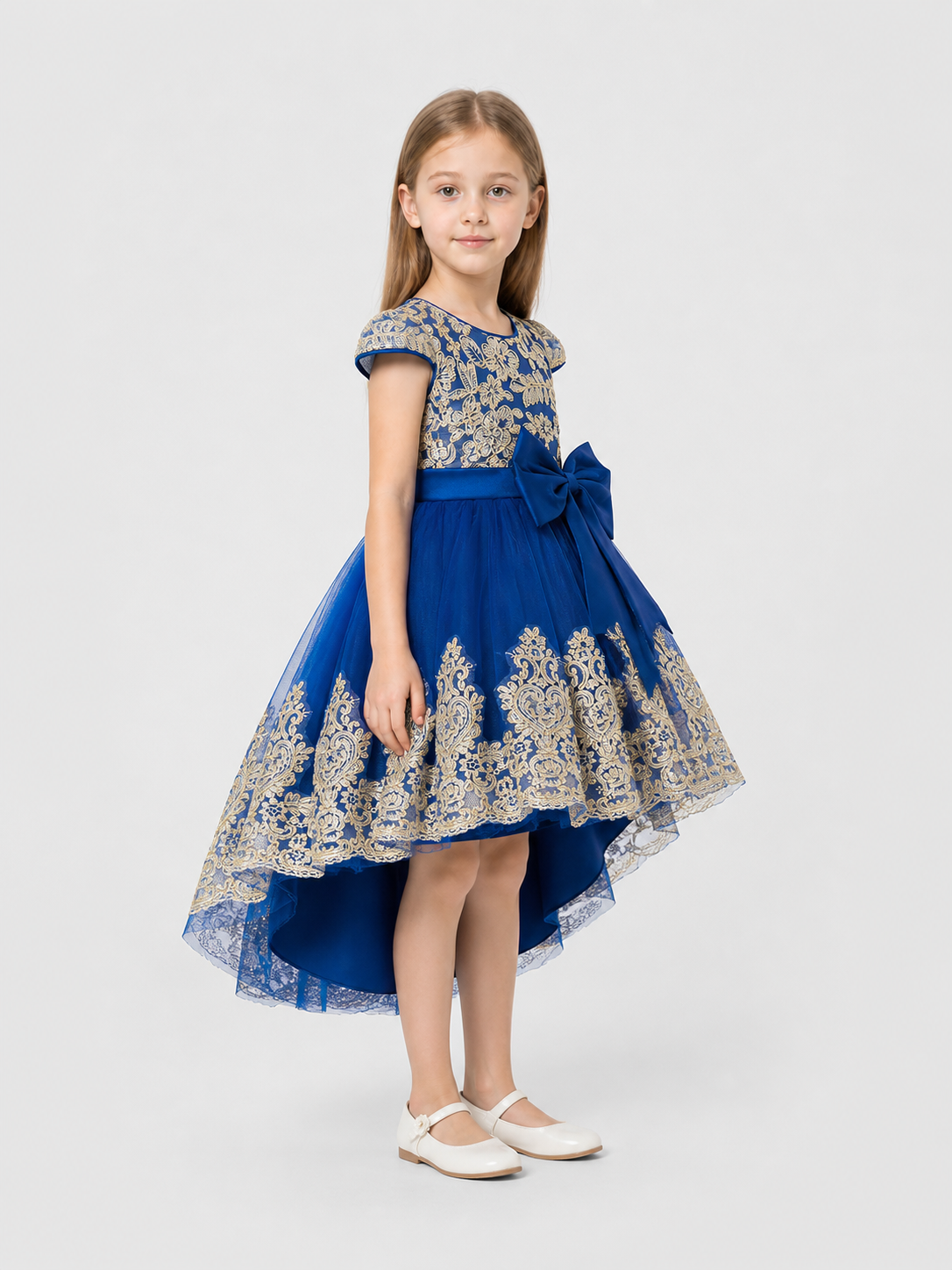 Girls' Full Princess Dress with Embroidery and Train side view