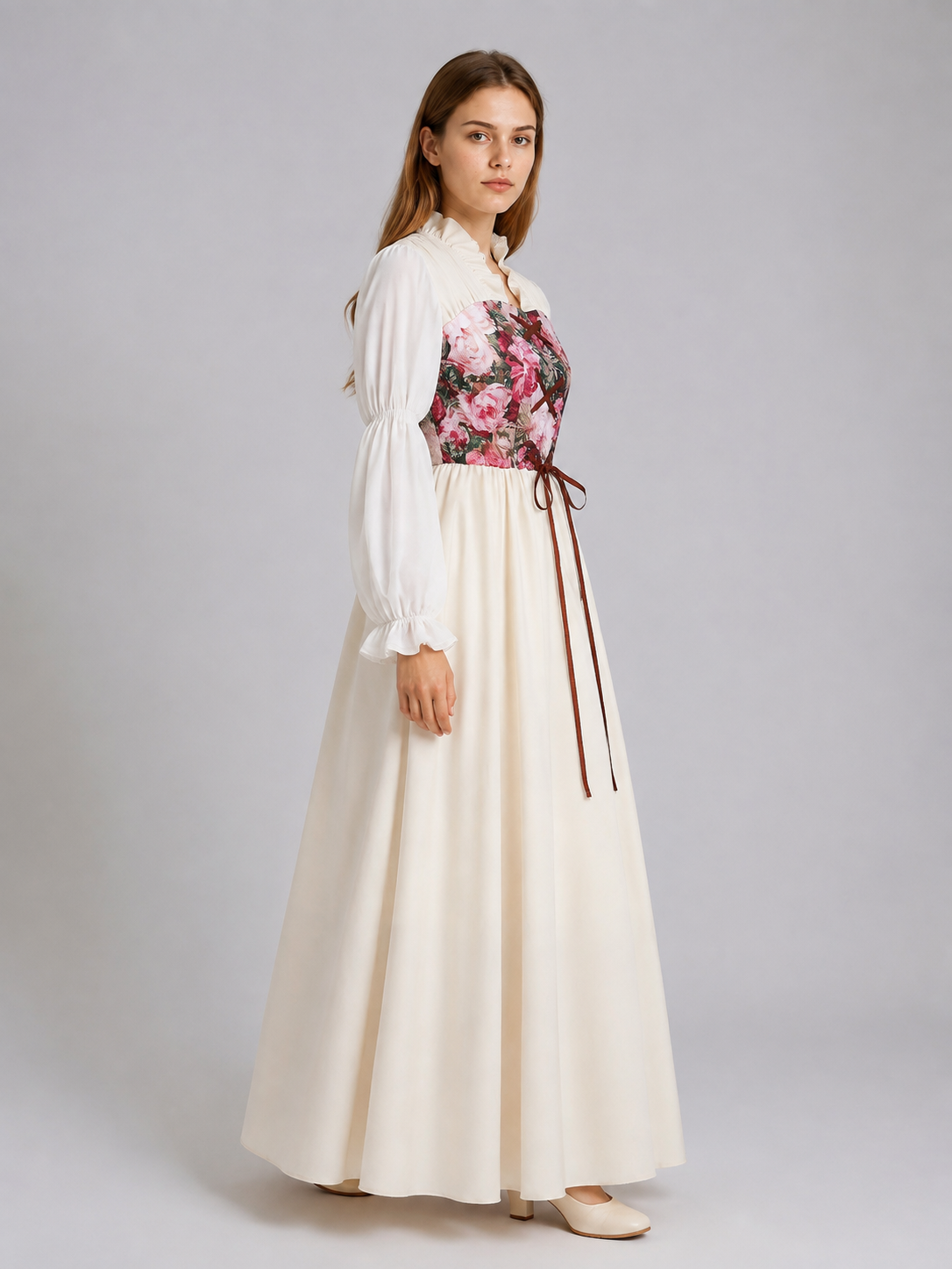 Long Dress with Corset, Ruffles, and Floral Print side view