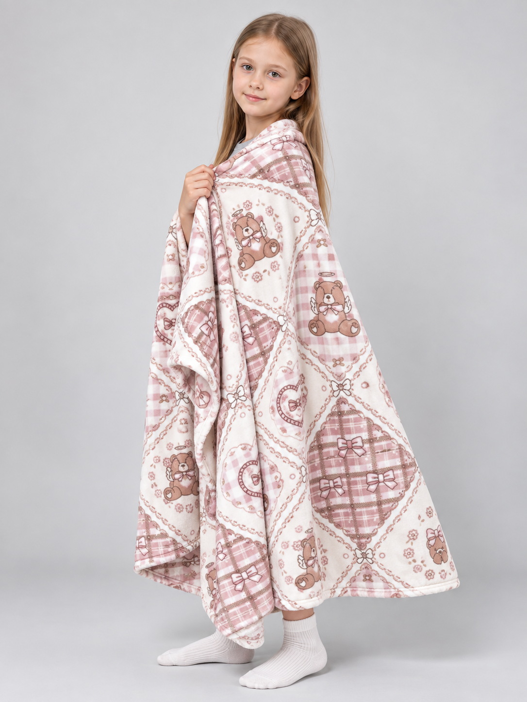Reversible Fleece Blanket with Bears and Bows, Pink