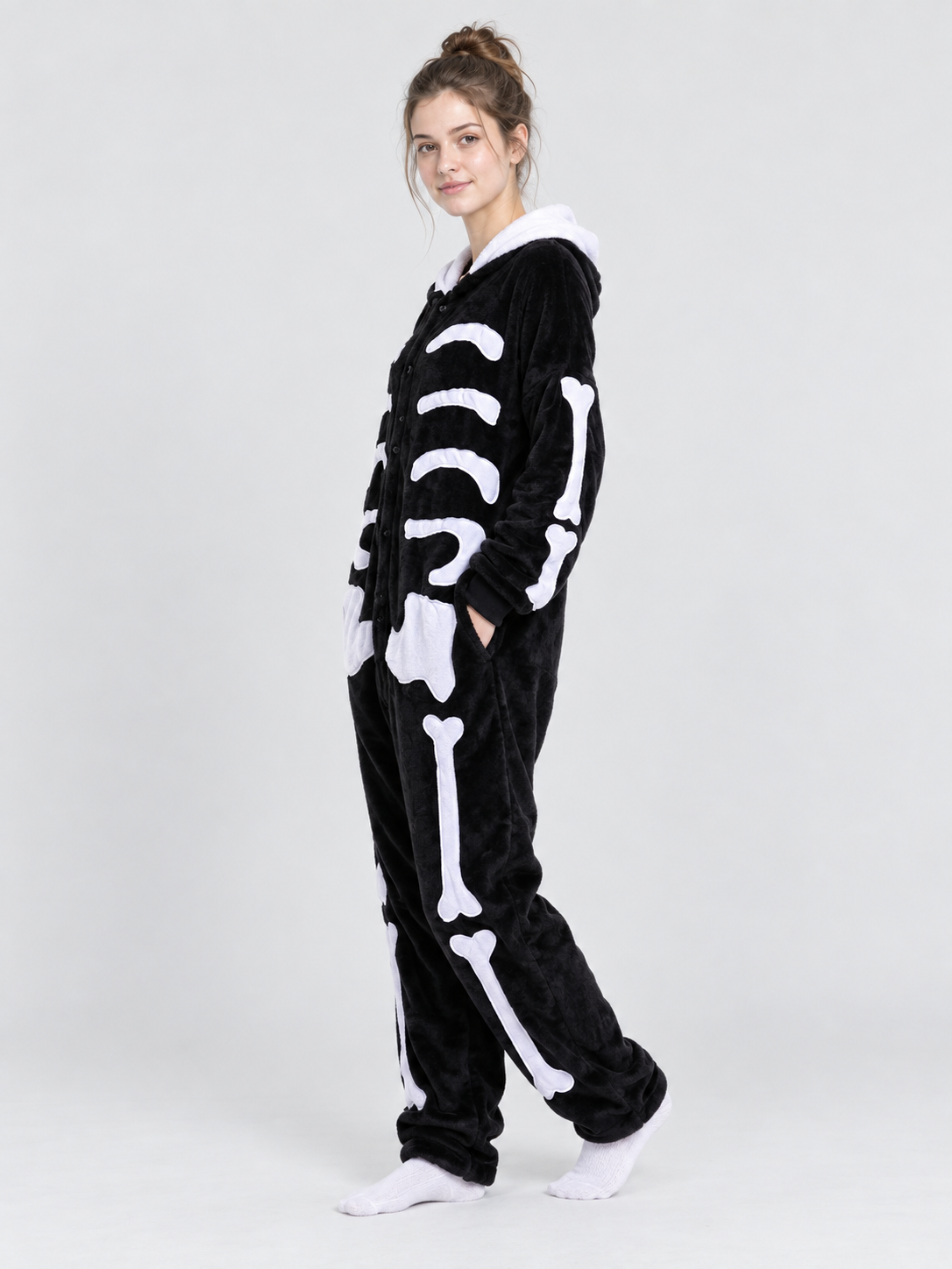 Black Hooded Pajama Jumpsuit with Bone Print