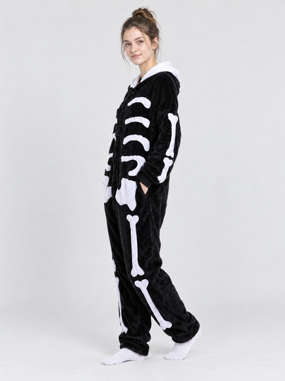 Black Hooded Pajama Jumpsuit with Bone Print