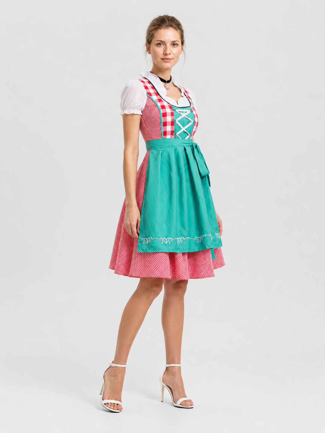 Ethnic Plaid Dress with Apron and Full Skirt side view