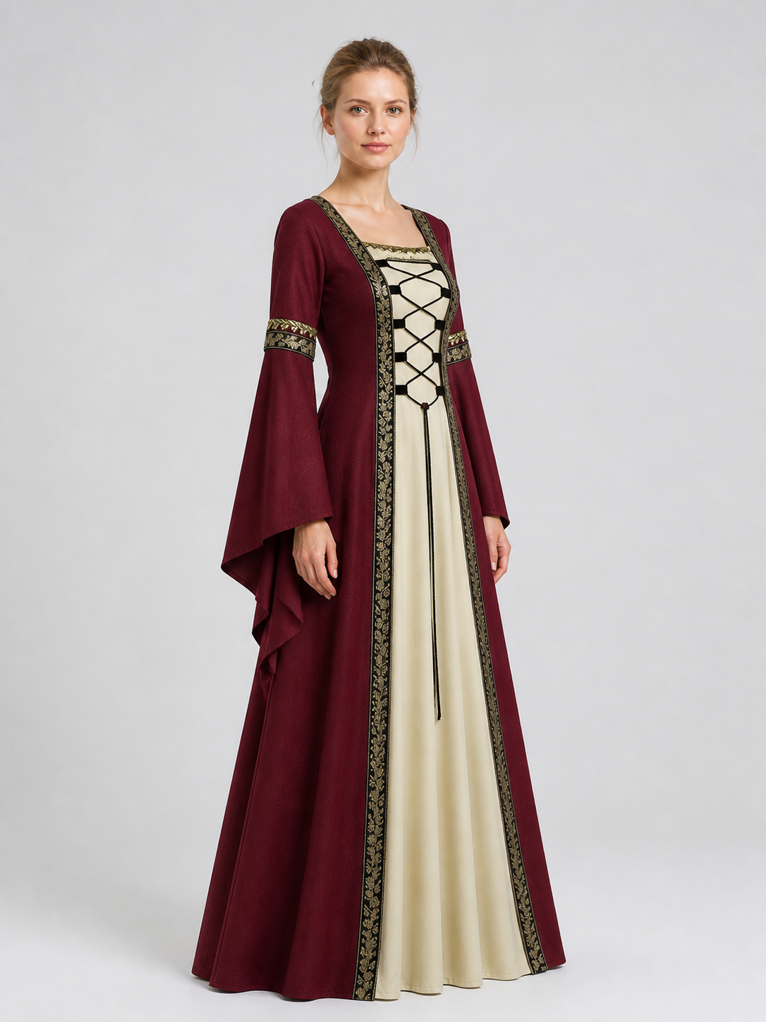Long Medieval Dress with Flared Sleeves side view