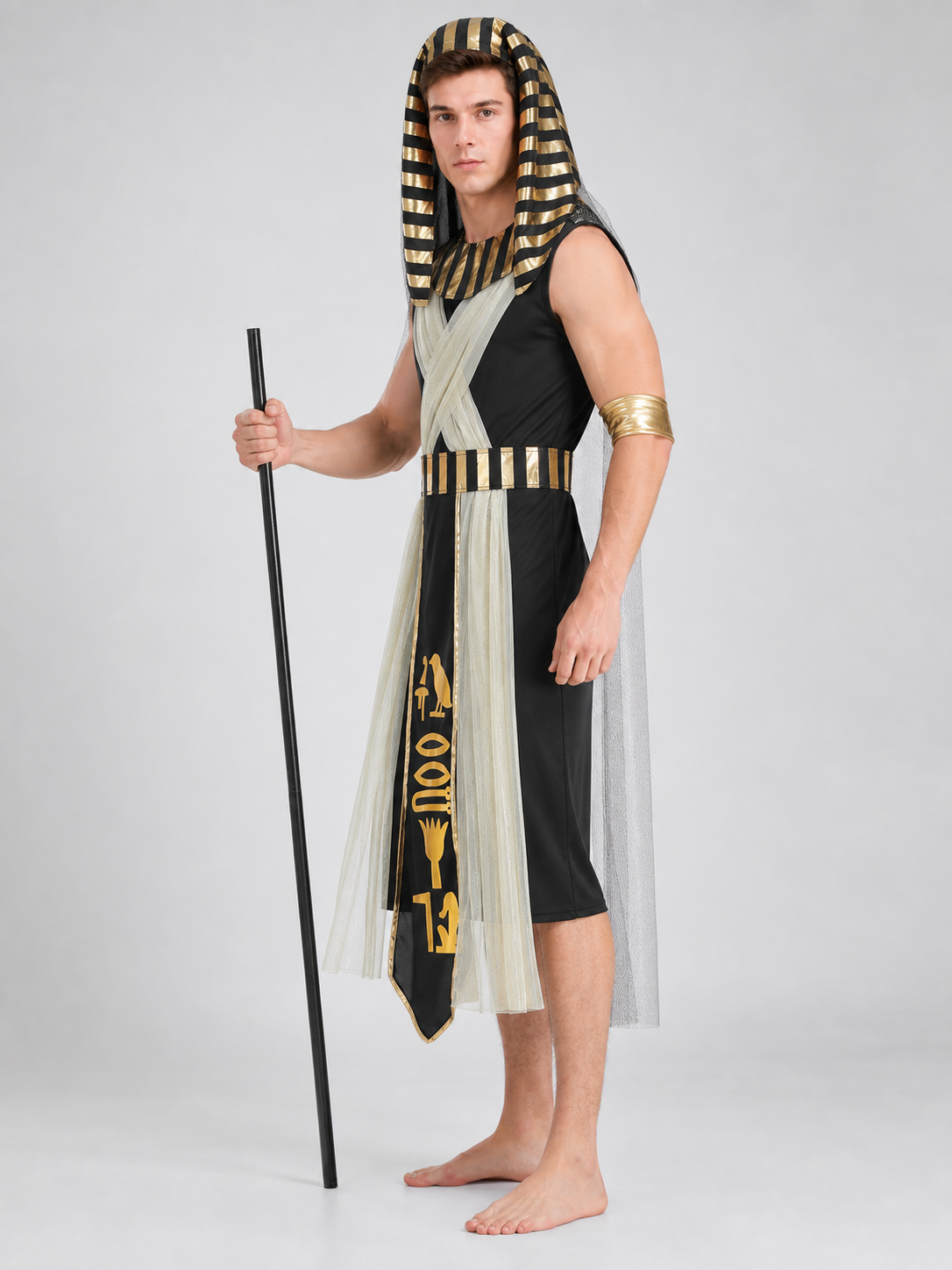 Men’s Egyptian Pharaoh Halloween Costume Set, 4-Piece Role Play Outfit with Headpiece, Neck Ornament and Belt for Cosplay Stage Performance