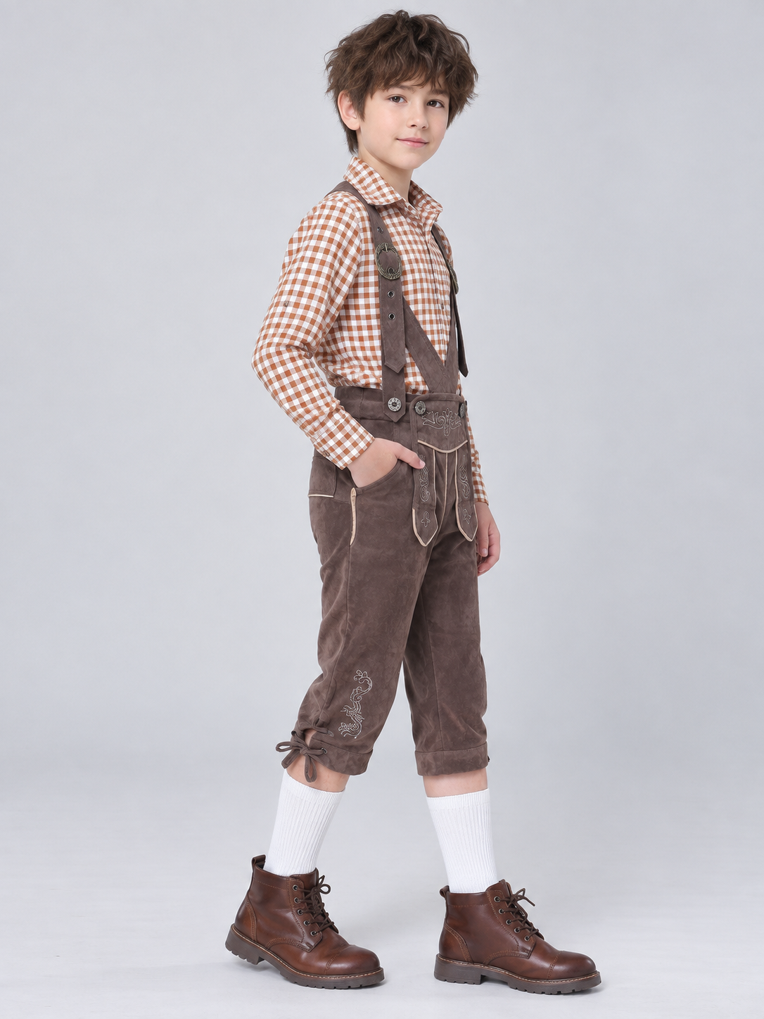 Gray Polyester Kids' Suspender Pants with Embroidery
