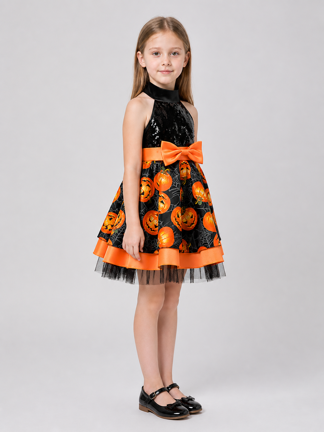 Halloween Dress with Pumpkins and Spiderwebs, Sequins side view
