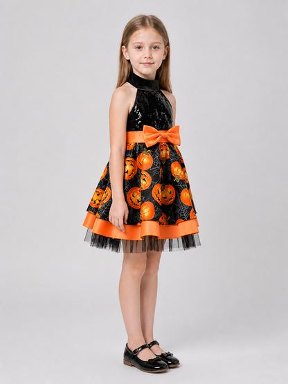 Halloween Dress with Pumpkins and Spiderwebs, Sequins side view
