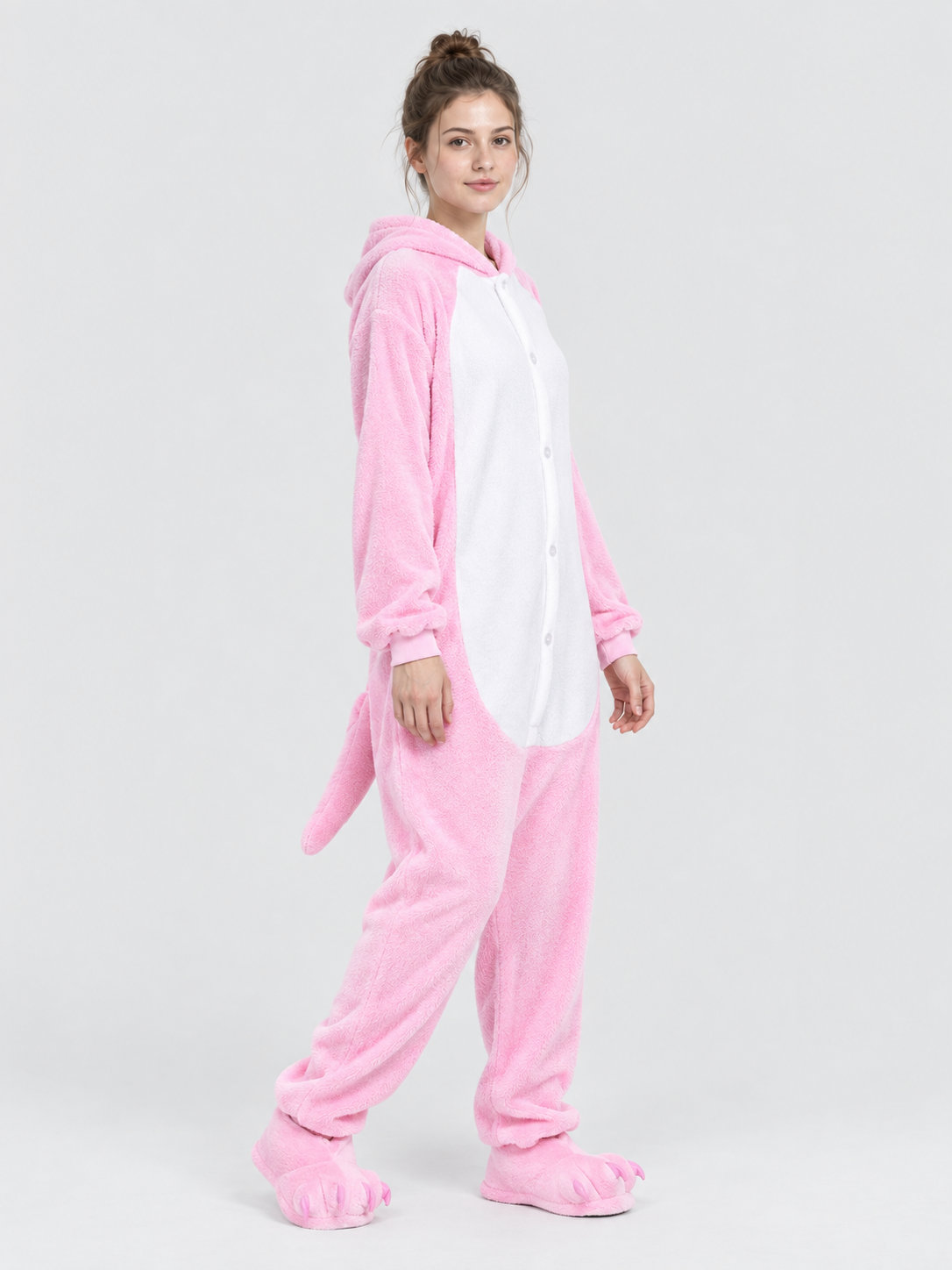 Pink pajama jumpsuit with hood and white insert
