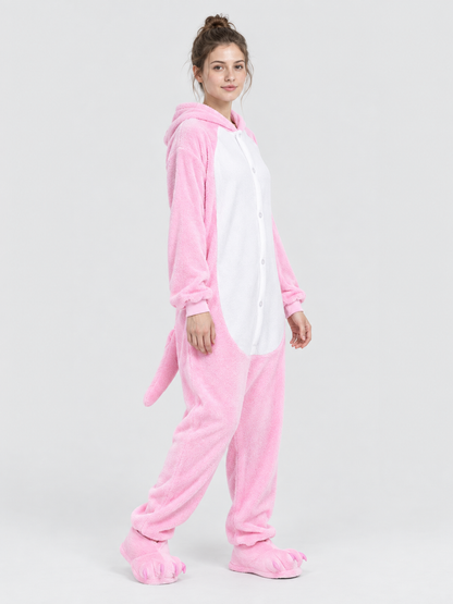 Pink pajama jumpsuit with hood and white insert