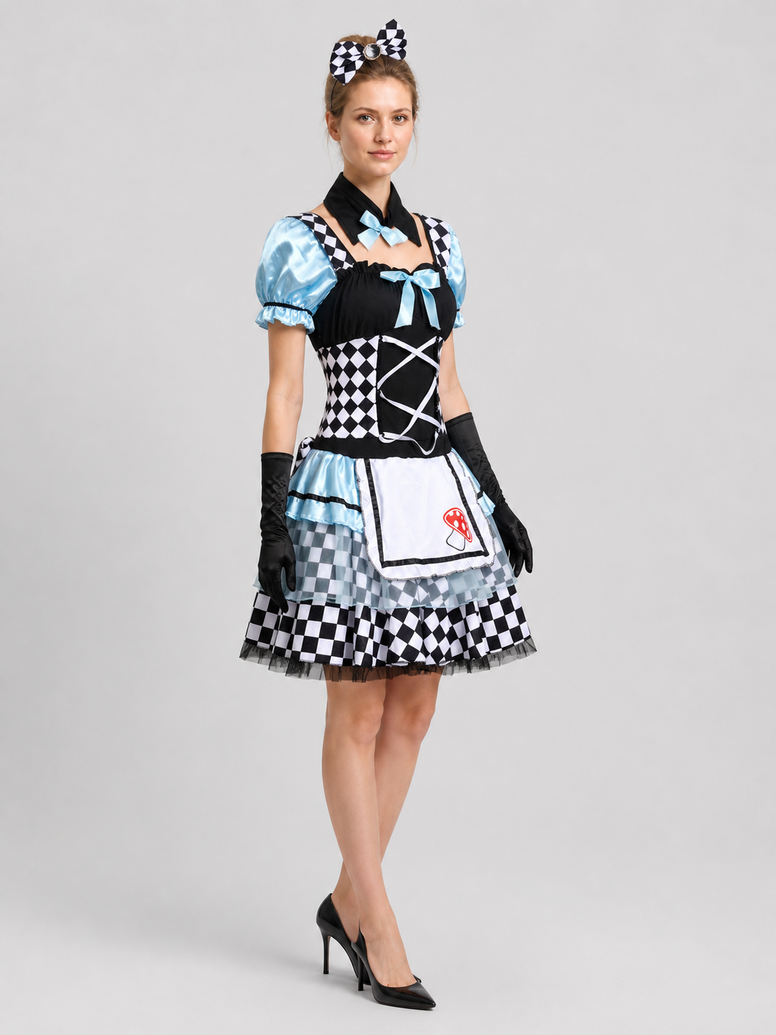 Puffy Carnival Dress with Checkerboard Print and Mushrooms side view