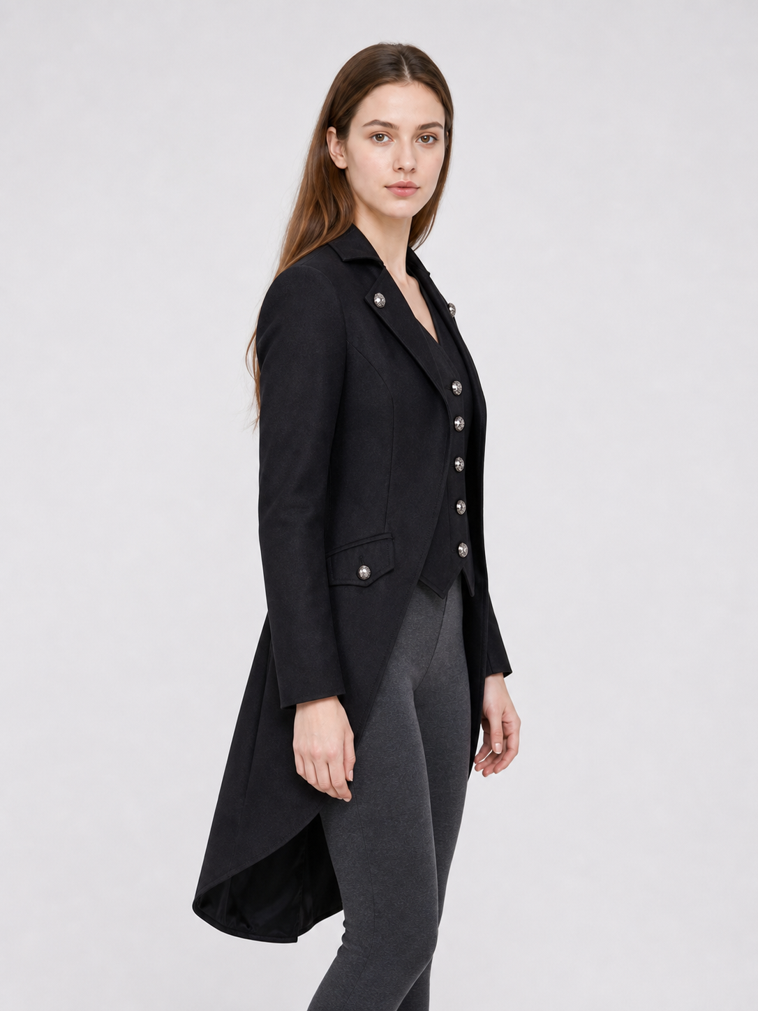 Black Tailcoat Jacket with Lapels and Buttons