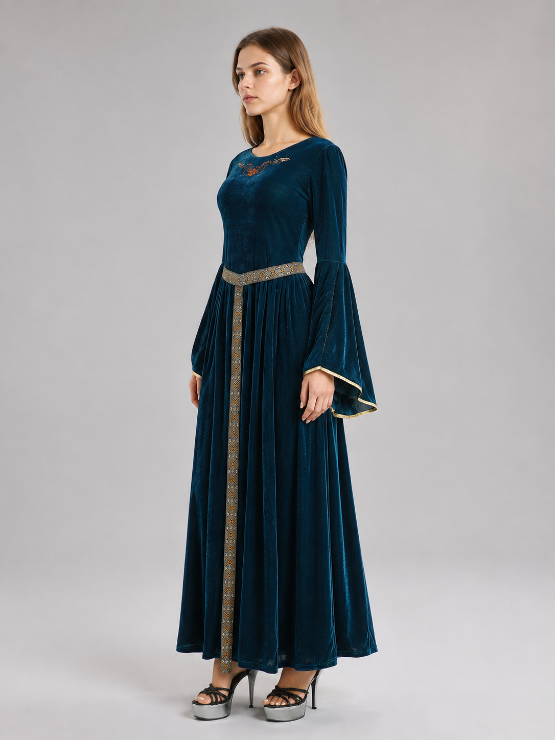 Floor-Length Dark Blue Carnival Dress with Belt side view