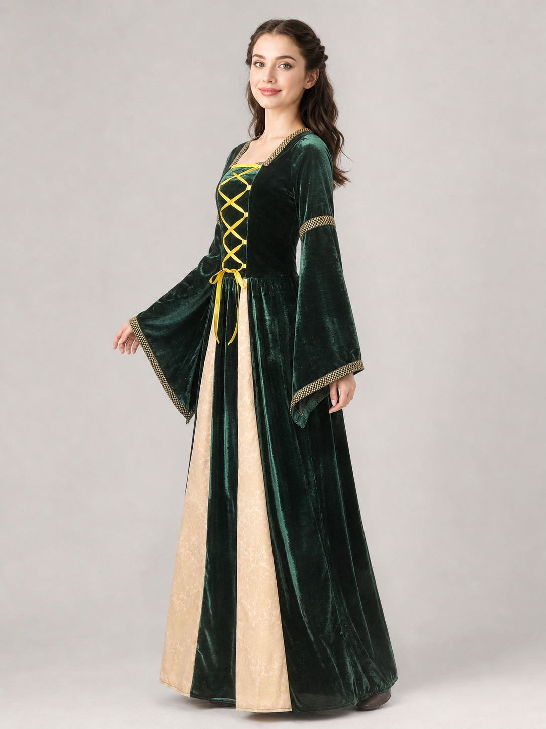 Long Gothic court-style costume dress with flared sleeves and skirt. The design combines deep green, black, cream, and gold tones. The upper section features decorative gold-tone crisscross lacing that accentuates the front. The cream inser