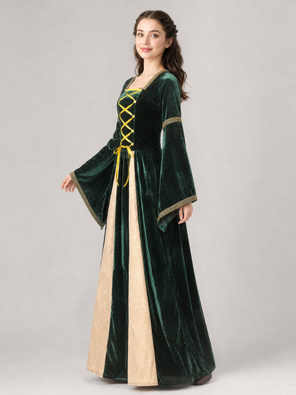 Long Gothic court-style costume dress with flared sleeves and skirt. The design combines deep green, black, cream, and gold tones. The upper section features decorative gold-tone crisscross lacing that accentuates the front. The cream inser