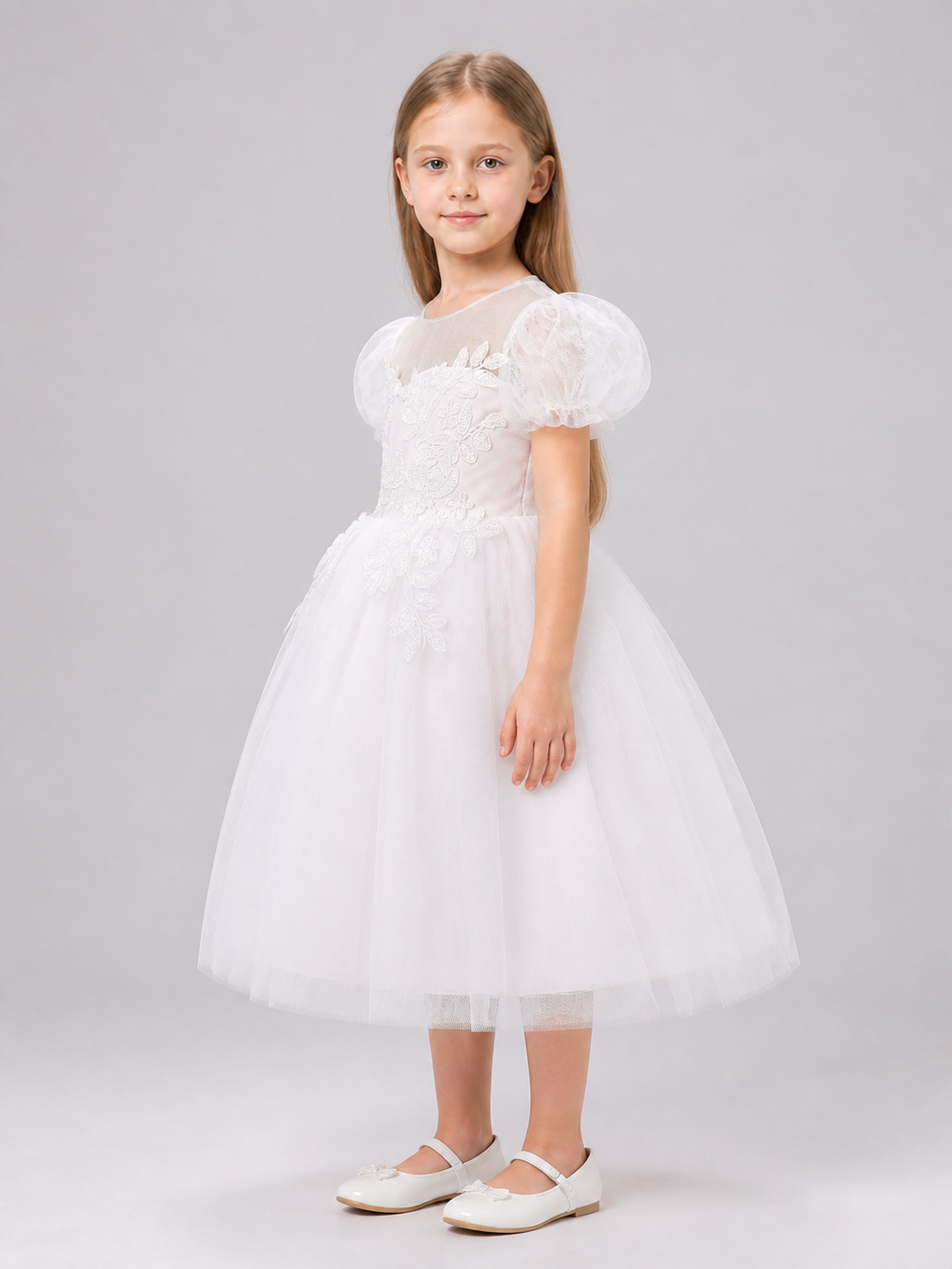 Princess Flower Girl Dress with Puff Sleeves for Weddings side view