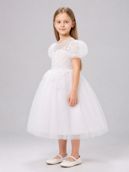 Princess Flower Girl Dress with Puff Sleeves for Weddings side view