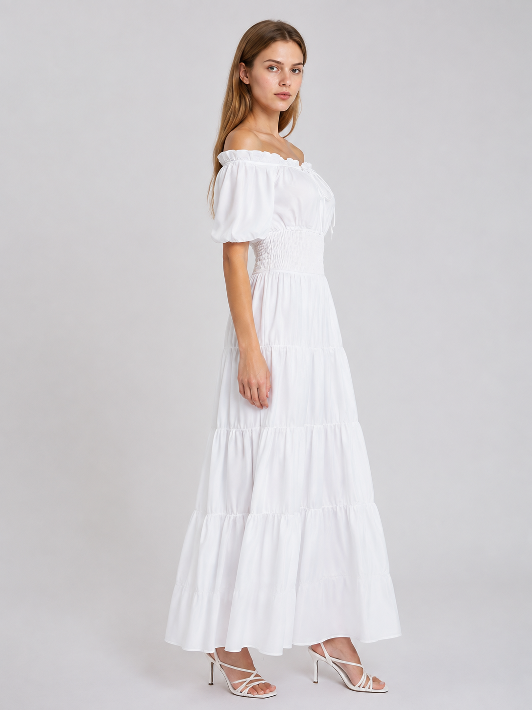 White Floor-Length Dress with Puff Sleeves side view