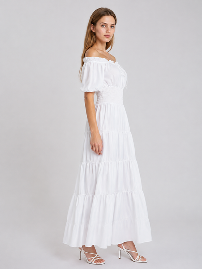 White Floor-Length Dress with Puff Sleeves side view