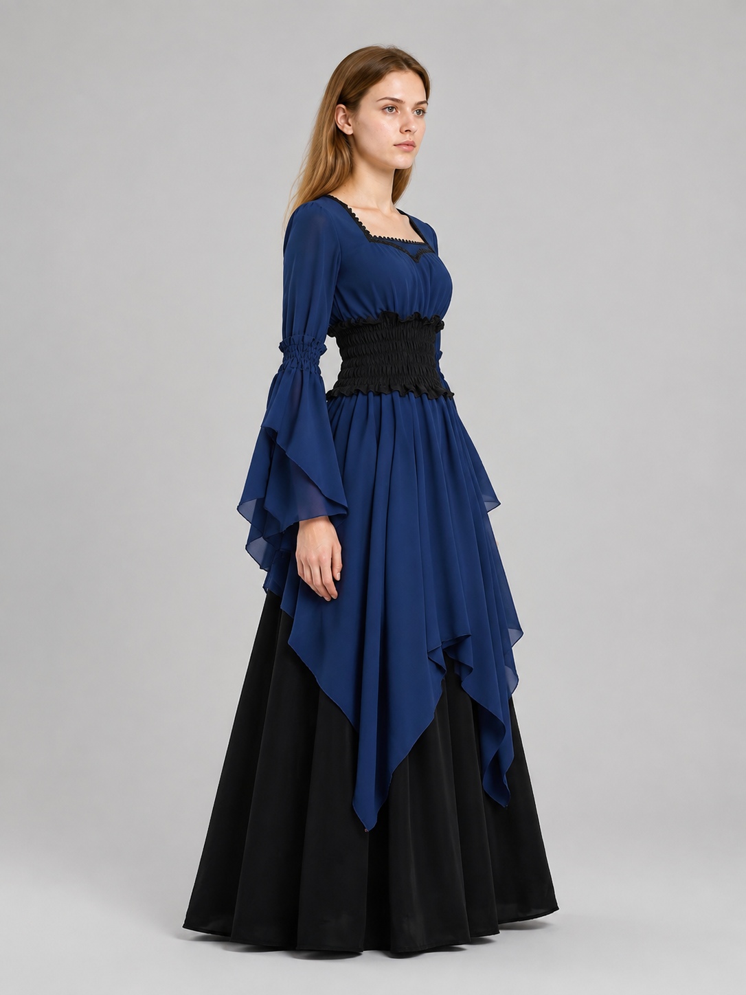 Long Dress with a Black Skirt and Layered Ruffles side view