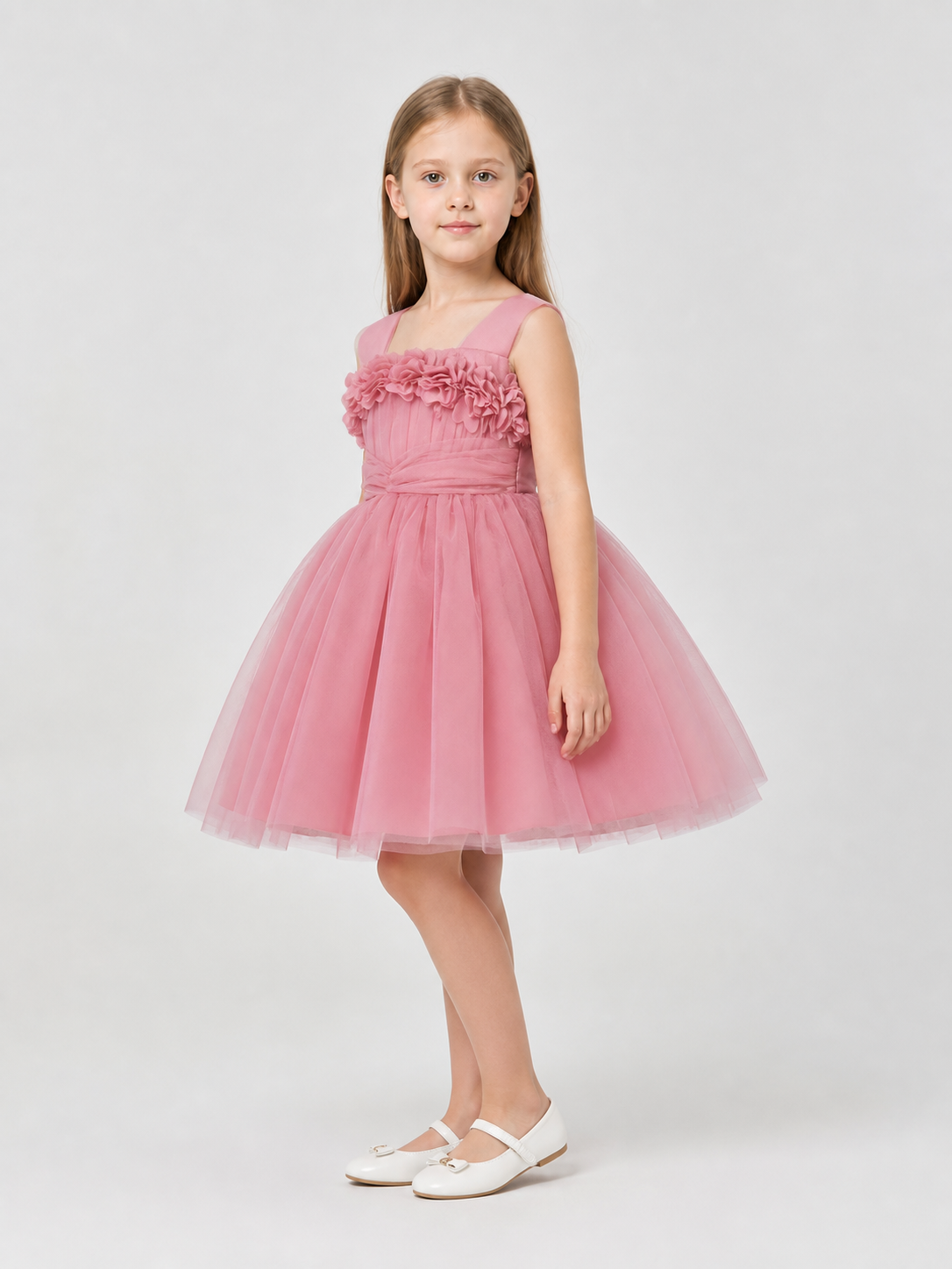Girls' dressy dress with a full skirt and bow side view