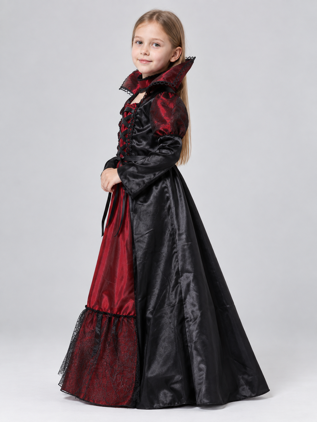 Vampire Costume with a Long Skirt and Voluminous Collar side view
