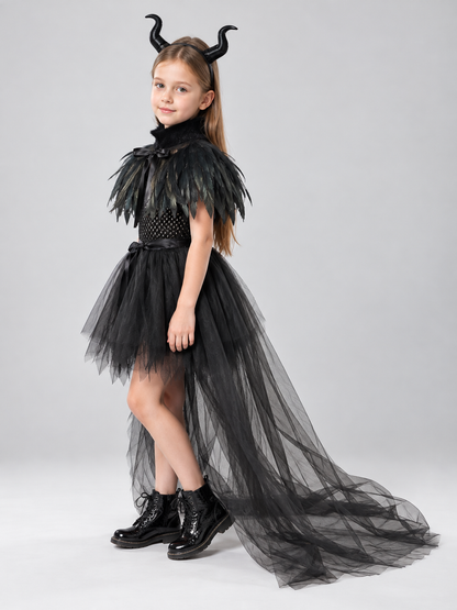 Kids' Witch Costume Black with Feathers and Mesh