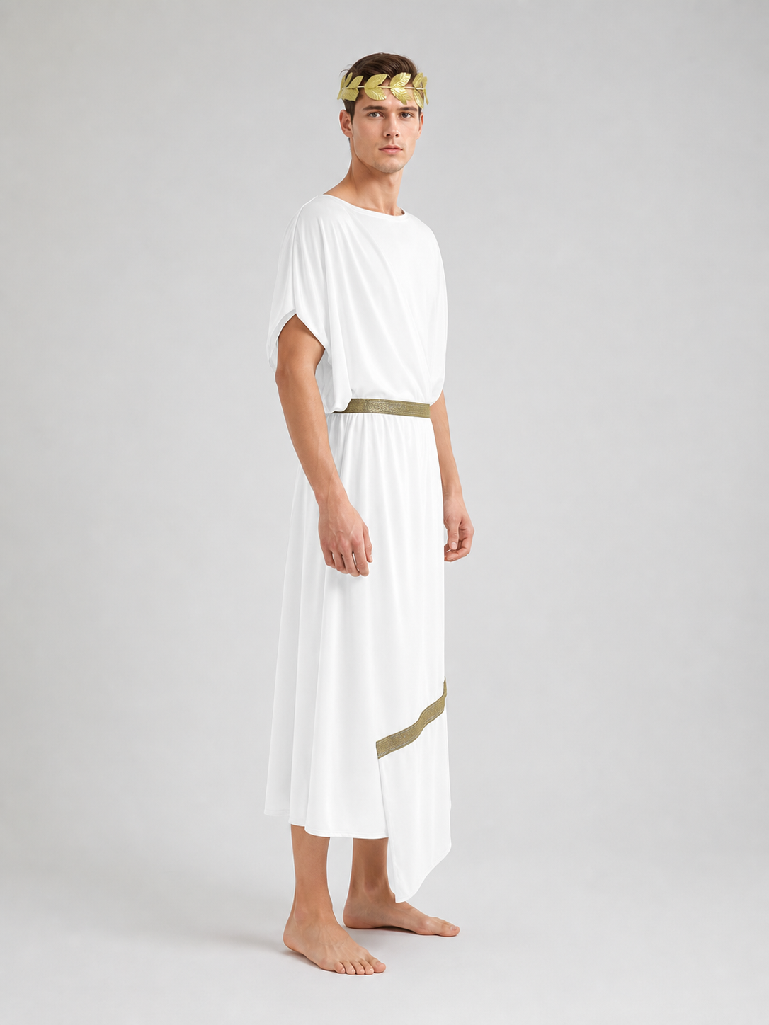 Adult Men's Ancient Greek Costume Set, 3pcs Draped Robe With Gold Trim, Waist Belt And Laurel Wreath For Cosplay Theme Parties