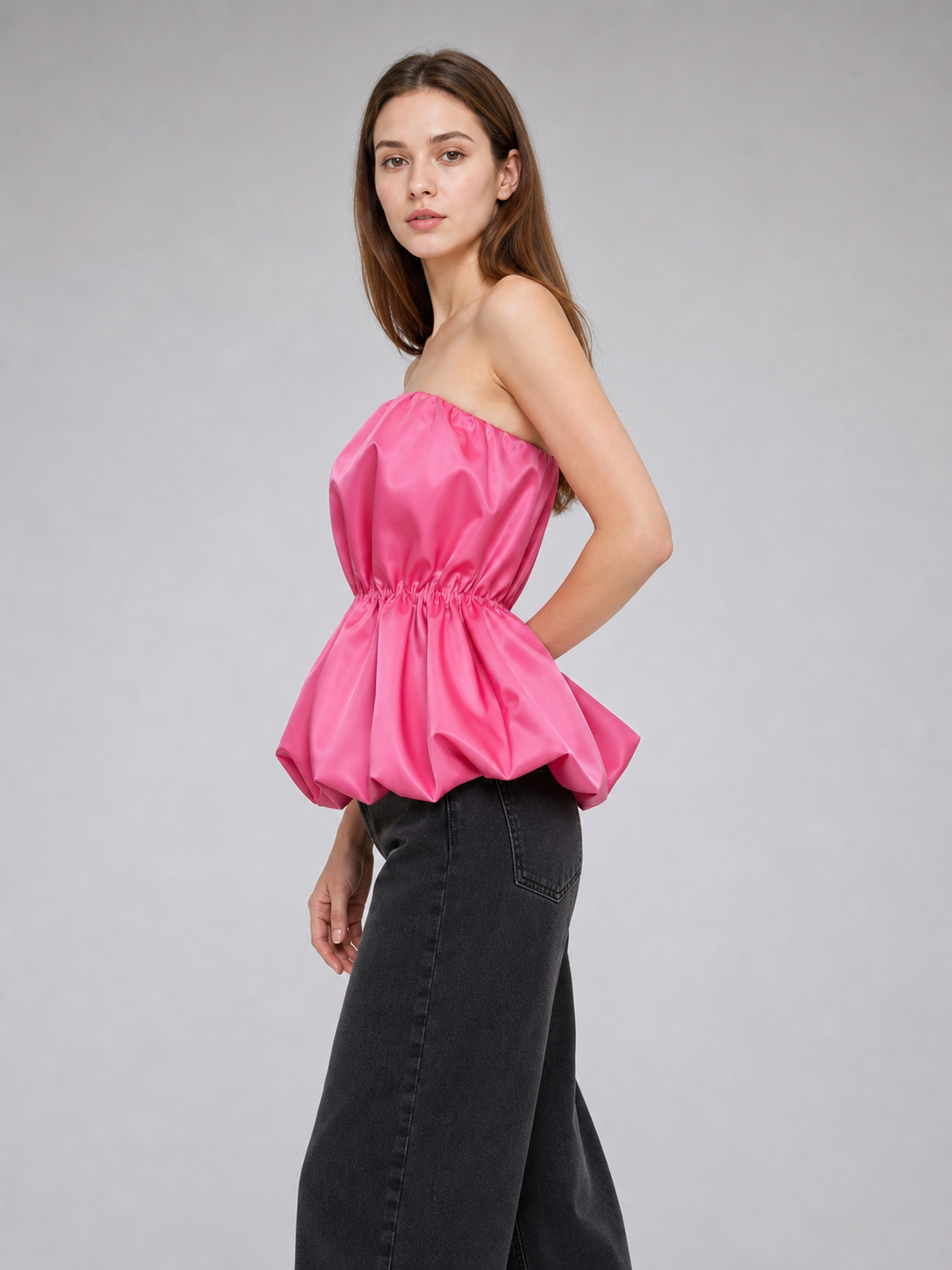 Strapless bustier top with peplum, bright pink