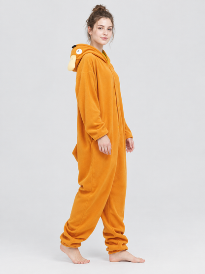 Orange Fleece Jumpsuit Pajama with Oversized Hood