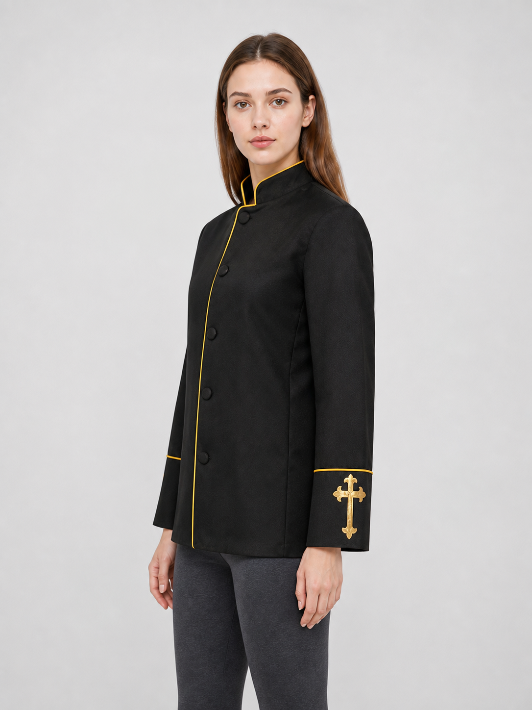 Black stand-collar jacket with gold trim