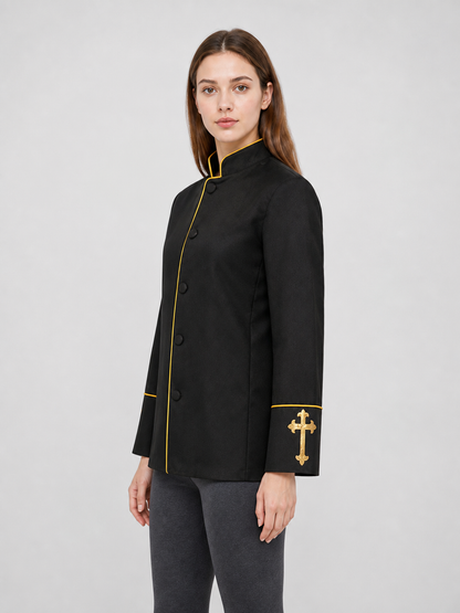 Black stand-collar jacket with gold trim