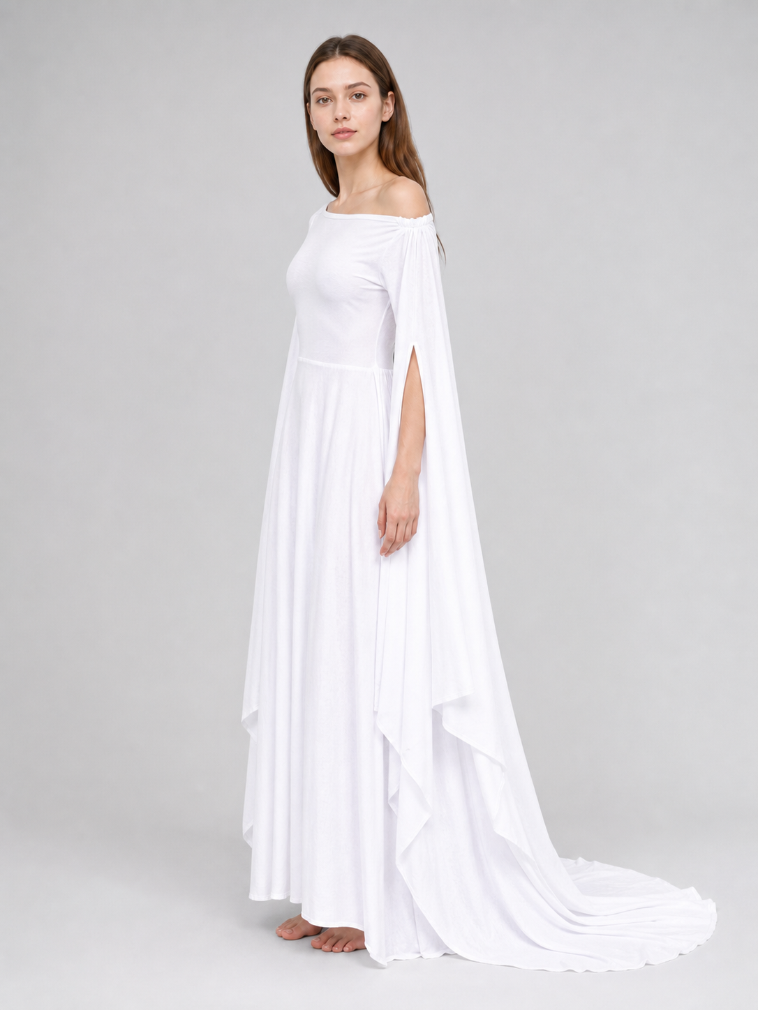 White Dress with a Square Neckline and Wide Sleeves