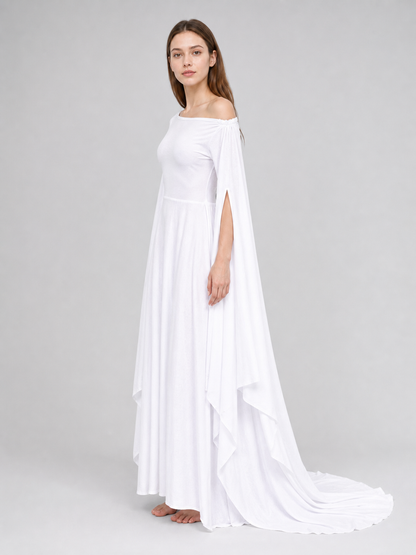 White Dress with a Square Neckline and Wide Sleeves