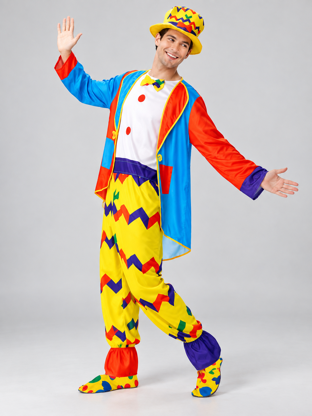 Colorful Clown Costume with Jumpsuit, Cape, and Hat