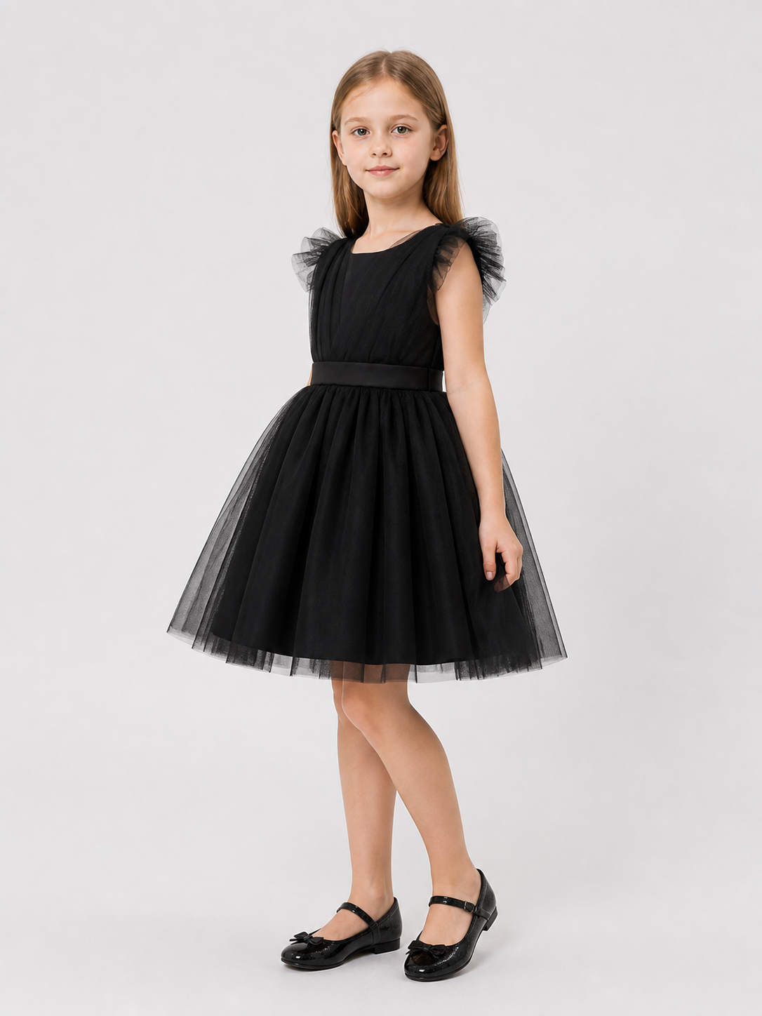 Party Dress with a Tulle Skirt and Flutter Sleeves side view