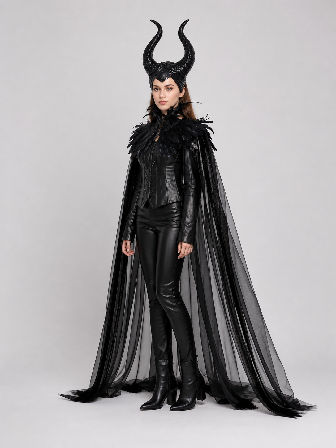Gothic Set: Black Horned Cape with Feathers