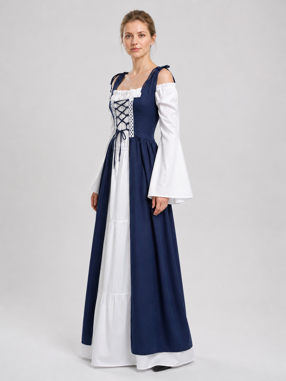 Retro Stage Dress with White Sleeves, Blue, M-XXL