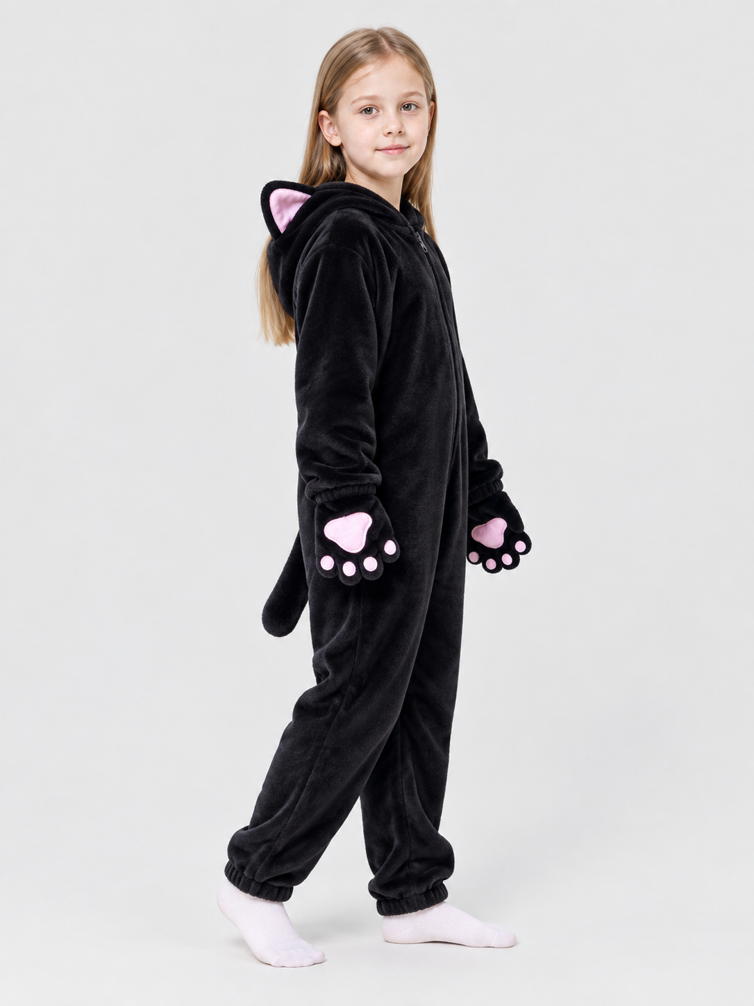 Black Plush Hooded Pajama Jumpsuit with Cat Hood