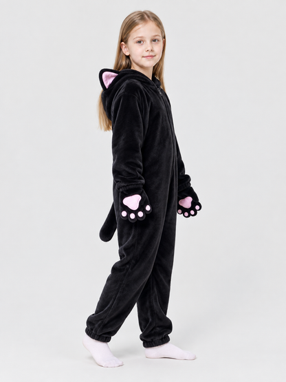 Black Plush Hooded Pajama Jumpsuit with Cat Hood