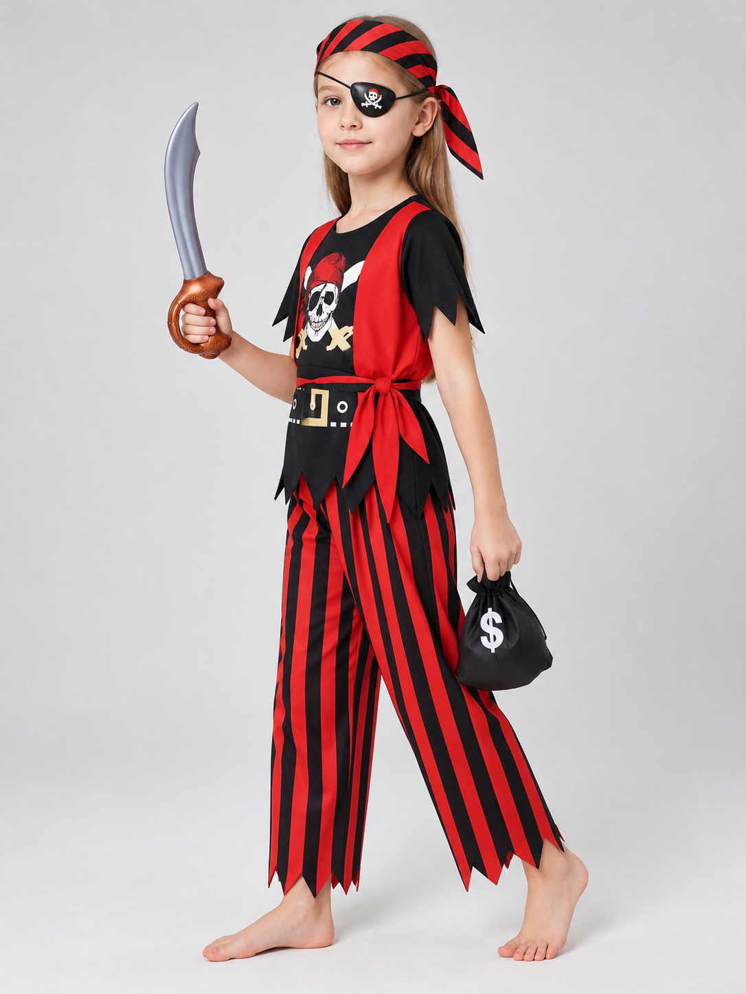 Red and black pirate costume with skull print