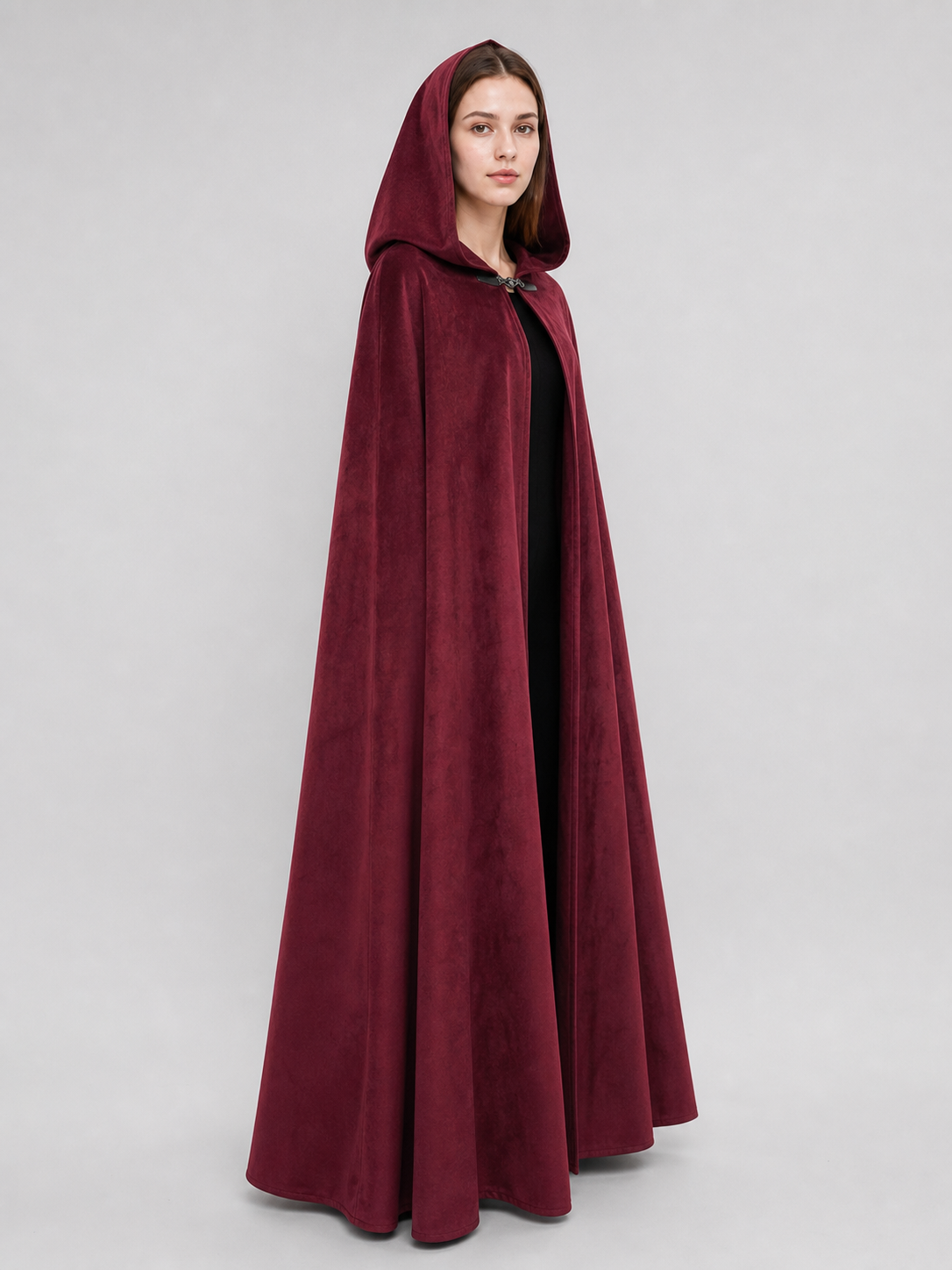 Long burgundy carnival cloak with hood