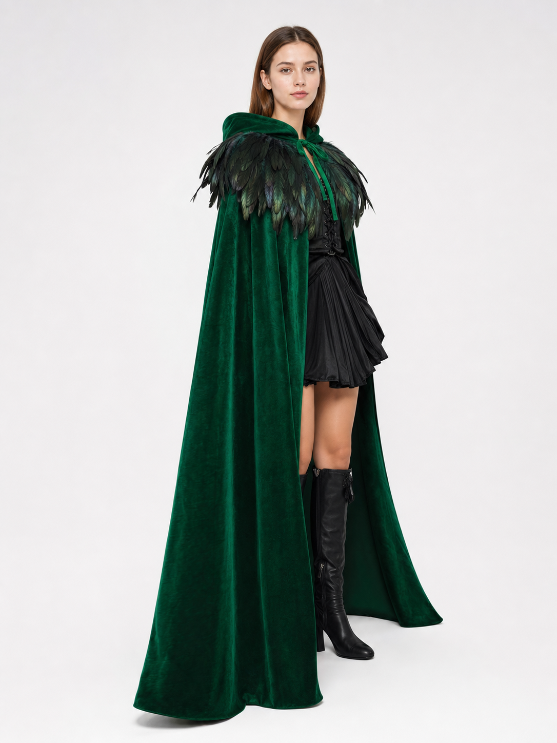 Green Hooded Velvet Feather Cape