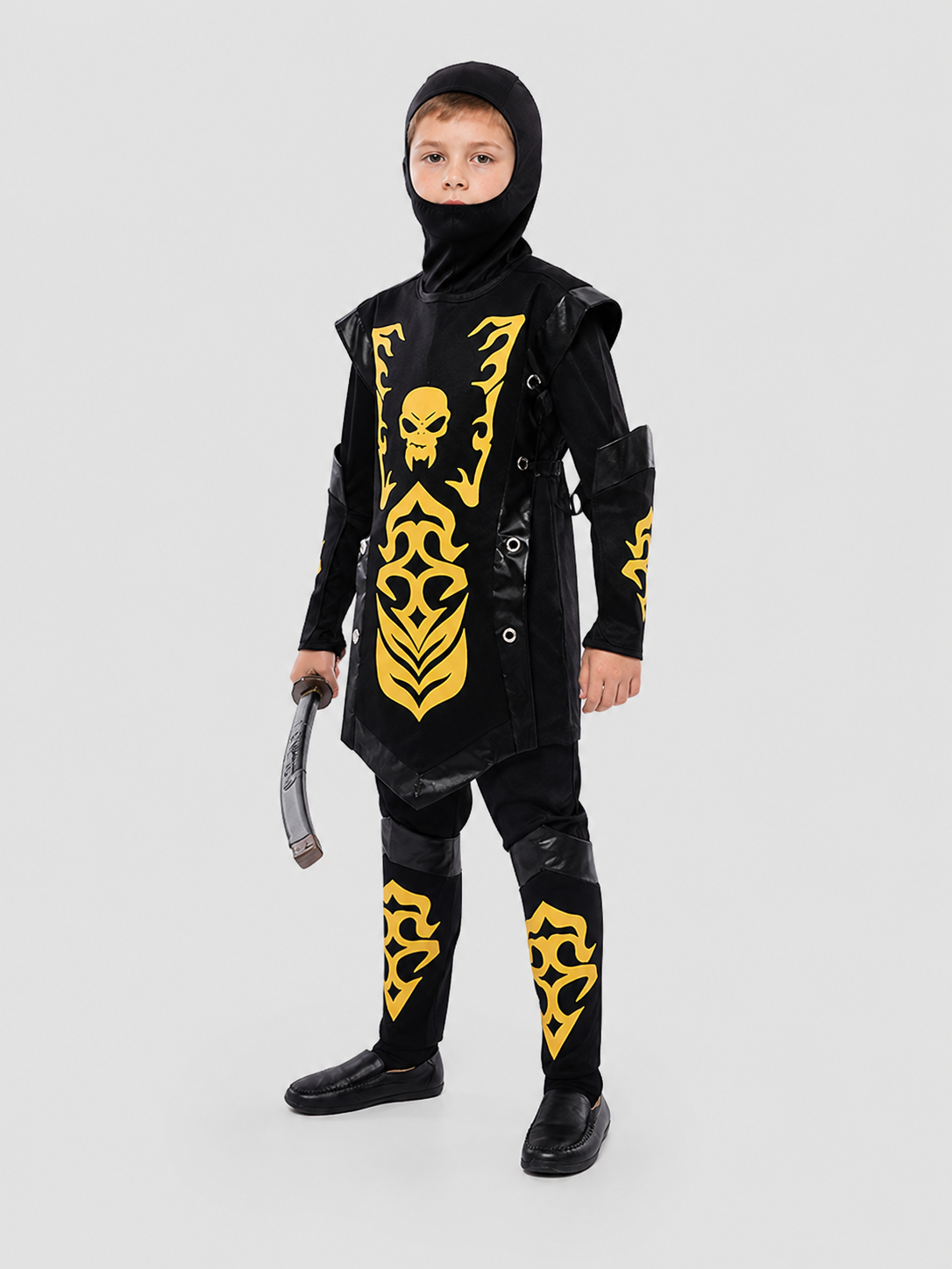 Black-and-Gold Ninja Costume with Mask and Gold Skull side view
