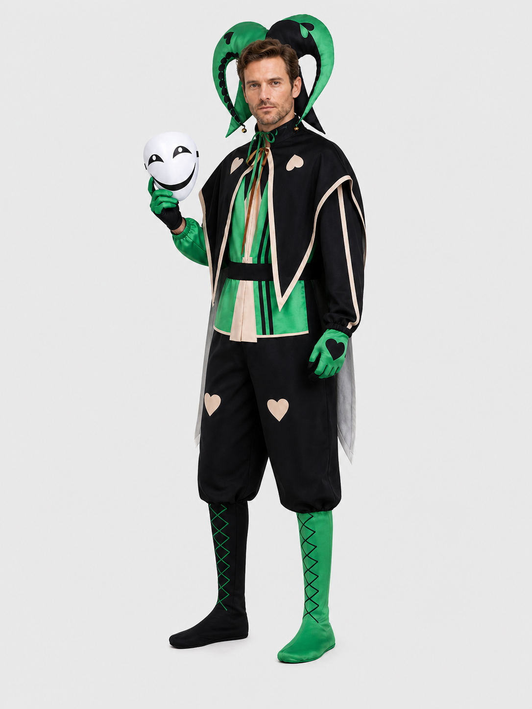 Clown Cosplay Costume, Green and Black Jumpsuit with Mask side view