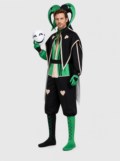 Clown Cosplay Costume, Green and Black Jumpsuit with Mask side view