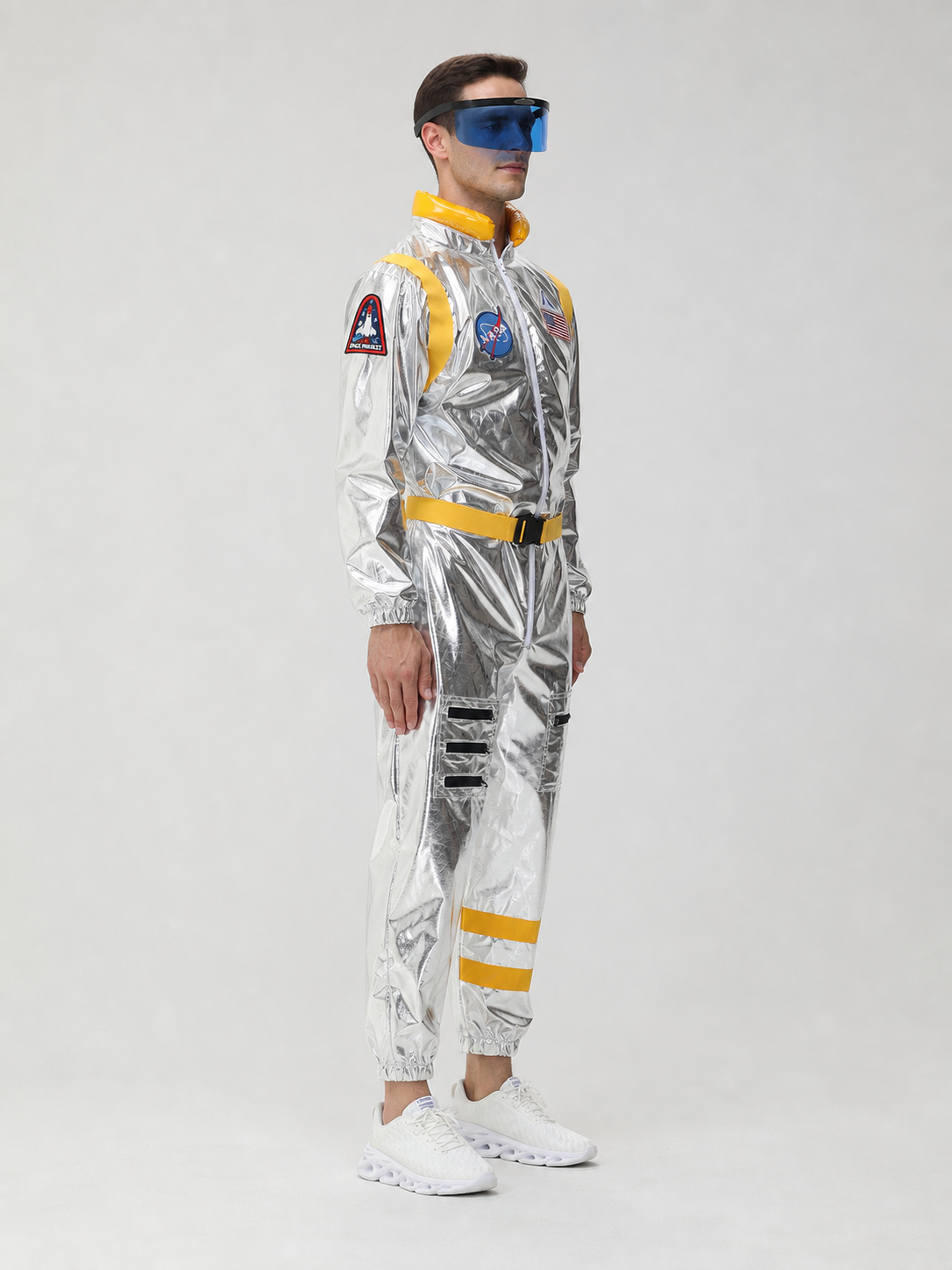 Space jumpsuit with visor, patches, and belt