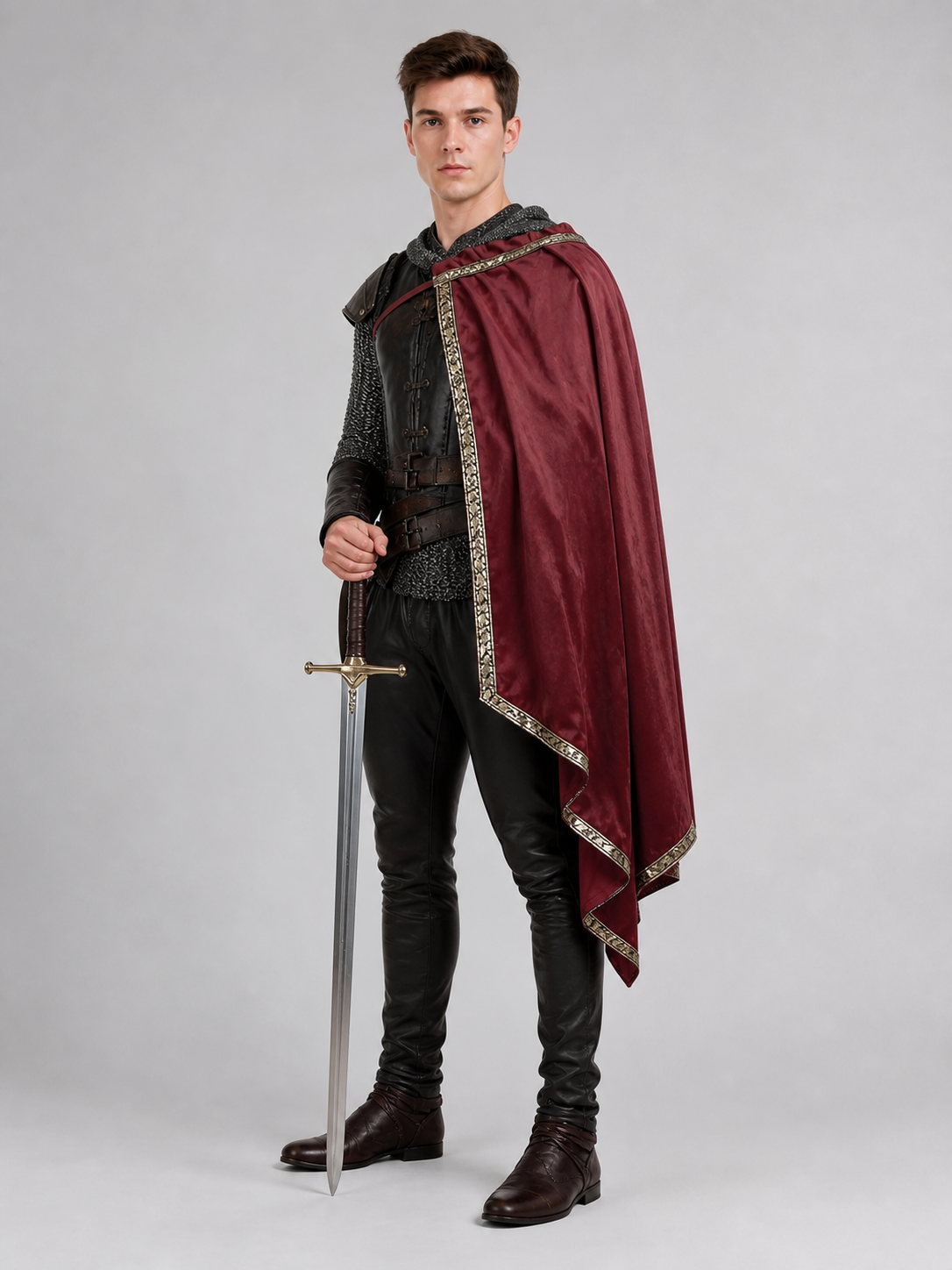 Burgundy velvet-look hooded costume cape product view 41