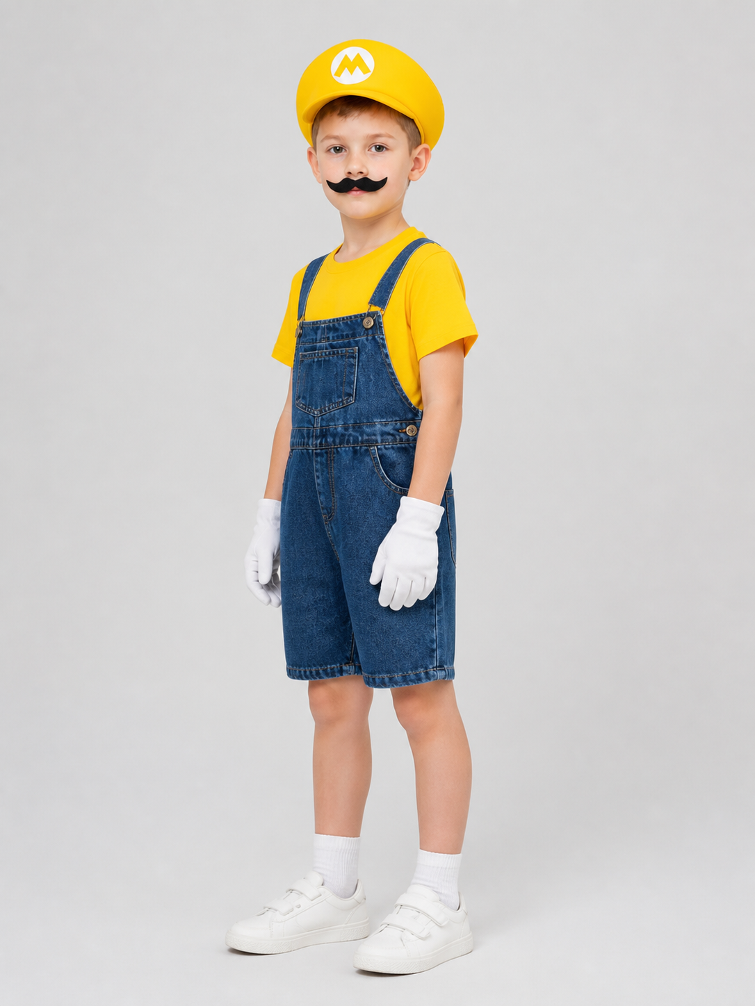 Mario Costume: T-Shirt, Shorts, Hat, and Mustache side view